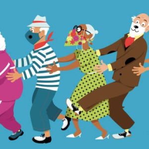 Group of active seniors dancing conga line and wearing protective non-medical facial masks to prevent spread of Covid-19, EPS 8 vector illustration