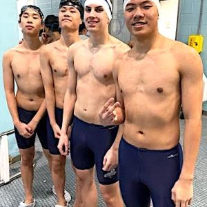 Pictured from left to right: Ready for the next relay event are Weiqi Du, Ivan Zhu, Dante Federico and senior captain Gordon Zeng. (Malden Advocate Staff Photo)