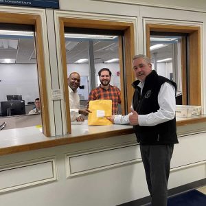 State Rep. Joe McGonagle is shown pulling papers for his re-election campaign at Secretary of State William Galvin’s office as he seeks his seventh term as the State Representative for Everett.